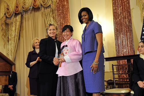 Secretary Clinton With First Lady Michelle Obama and Honoree Dr. Lee Ae-ran of the Republic of Korea