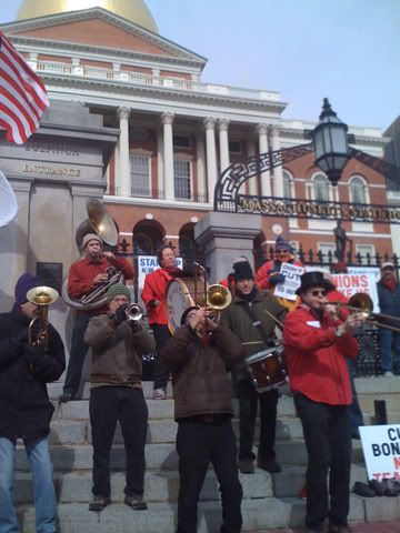 Second Line Social Aid and Pleasure Society Brass Band warms up #WeAreWI #solidarityWI rally in #Boston