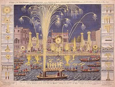 A view of the fire works and illuminations at his Grace the Duke of Richmond's at Whitehall and on the River Thames. A hand-coloured etching