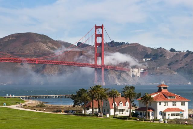 Old Coast Guard Station and Golden Gate Bridge.